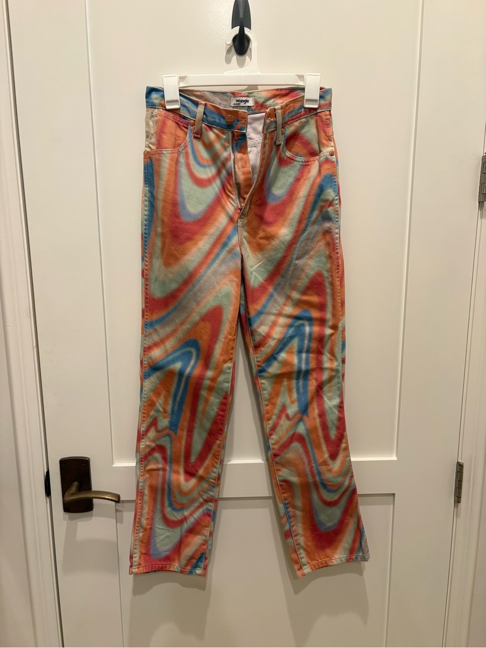 Wrangler women’s Multicolor Swirl Straight Jeans — Orange, Blue, Red
